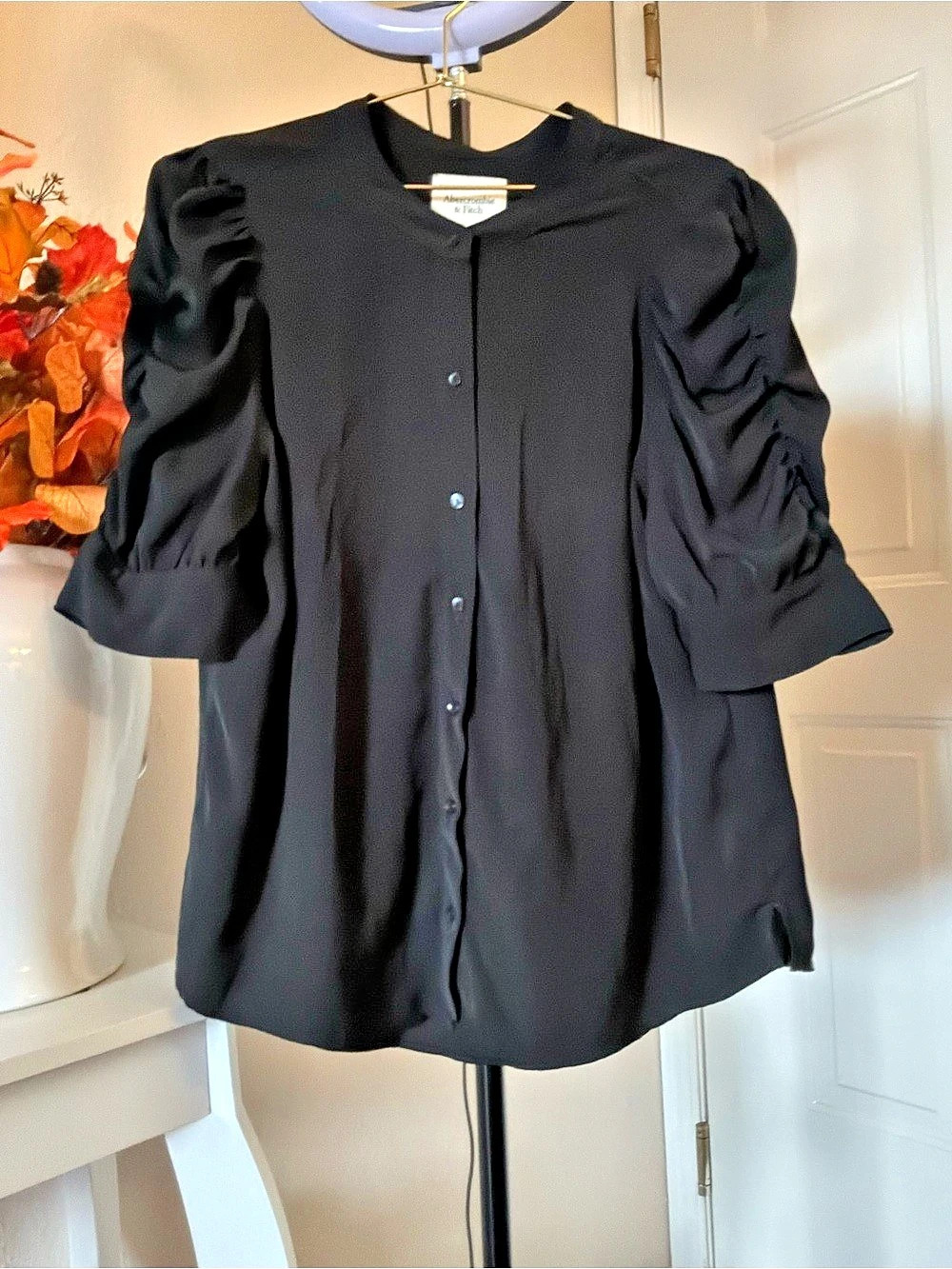 Abercrombie & Fitch Puff Sleeve Button-Through Top Black Large